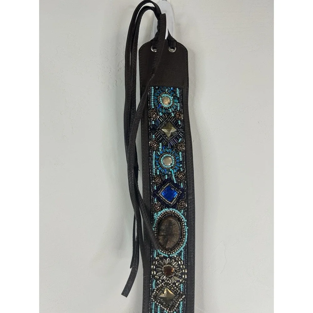 Beaded Faux Leather Embellished Fringe Tie Belt Southwestern Boho Festival OS